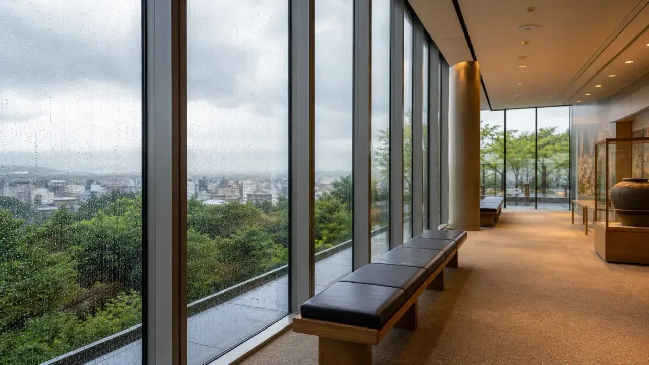茨城の雨の日散歩をイメージした、雨粒のついた大きな窓と展示室のカバー画像