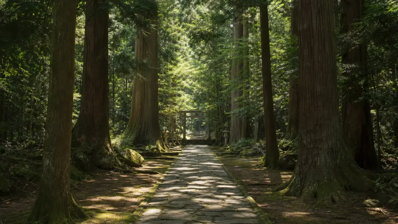 茨城の神社と森の散歩をイメージした、杉木立の参道と木漏れ日のカバー画像