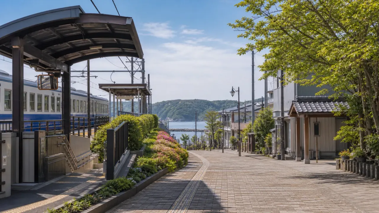 茨城の駅近散歩をイメージした、駅前から海の見える町へ歩き出すカバー画像