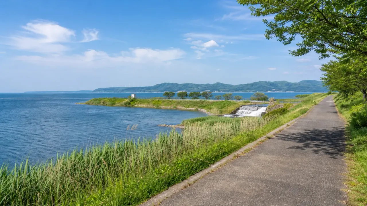 茨城の湖畔や海辺、川沿いの散歩を思わせる水辺の遊歩道イメージ