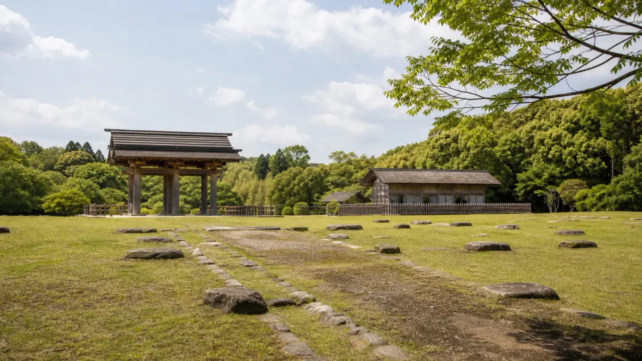 復元された木造の門と史跡広場を歩く上総国分尼寺跡のイメージ