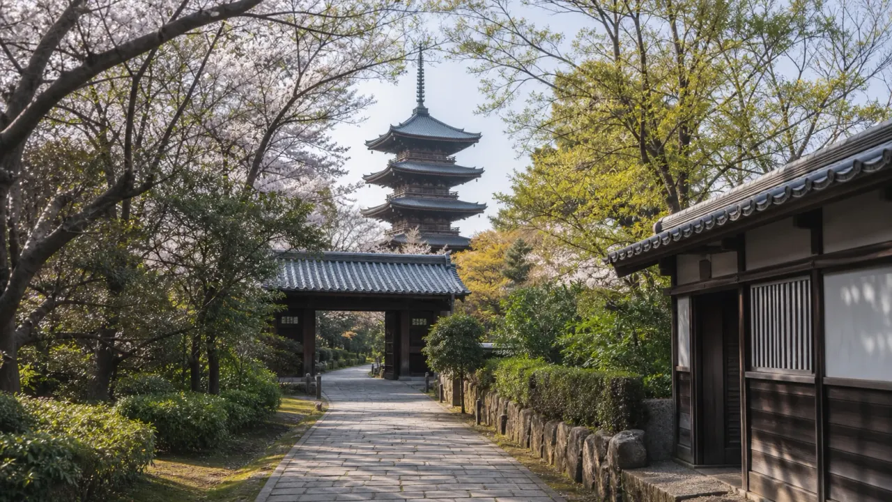 中山法華経寺を思わせる参道、木造門、五重塔、春の木々がある寺町散歩のカバー画像