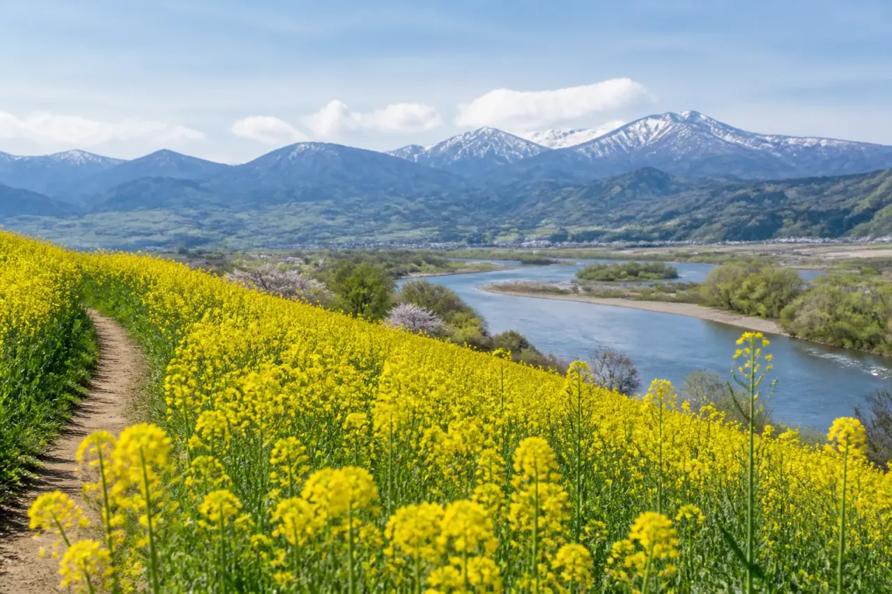 長野県飯山市の菜の花公園を歩く散歩ガイド。千曲川、関田山脈、菜の花畑、ひまわり、アクセス、菜の花まつり期間の混雑やマナーをまとめます。