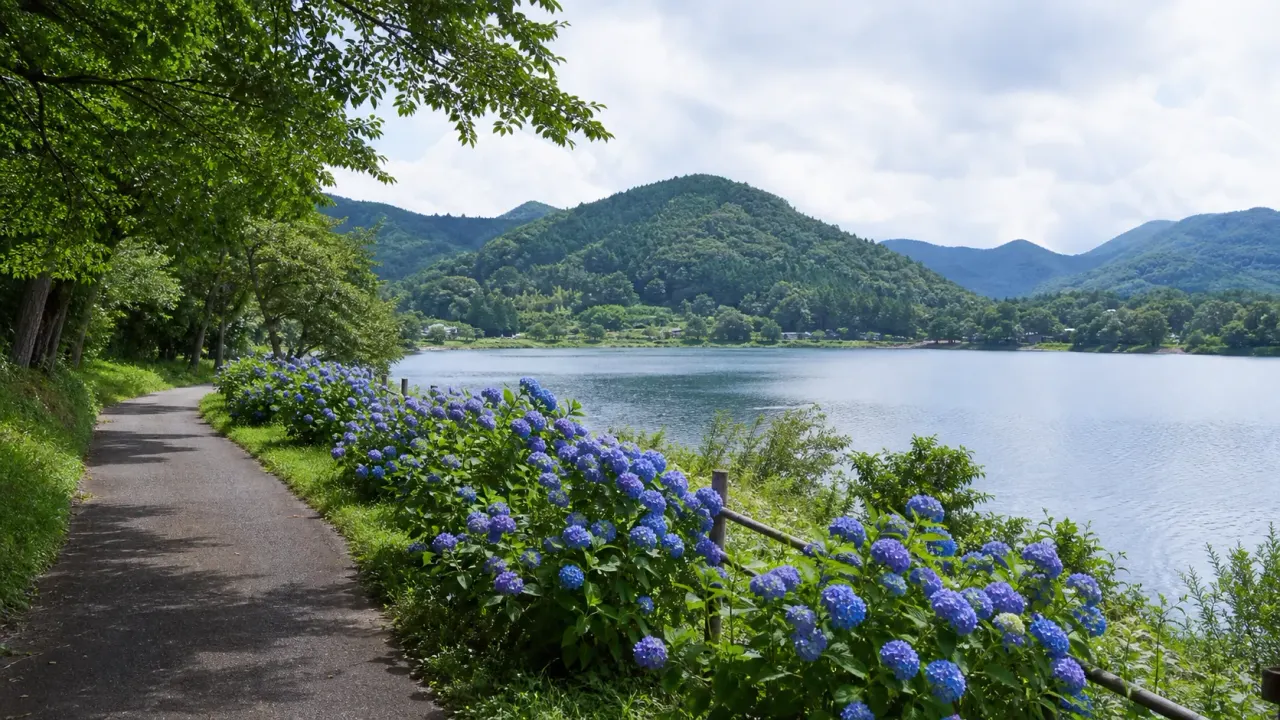 飯綱町の霊仙寺湖畔を思わせるあじさい道路と静かな湖の高原風景をイメージしたカバー画像