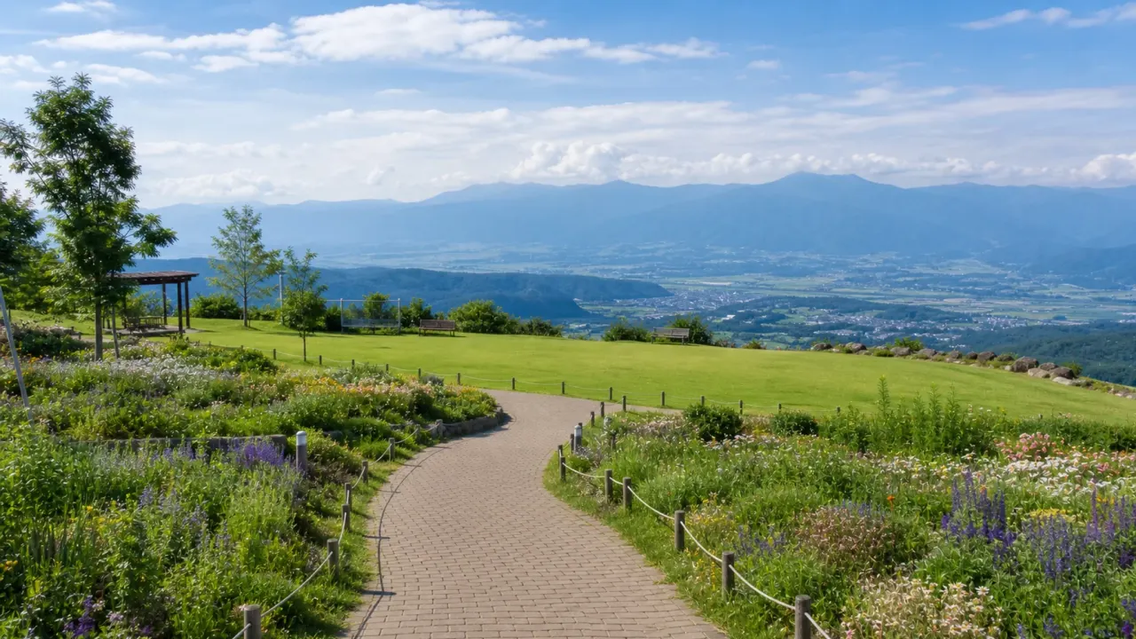 丘の公園から花壇と芝生、遠くの北アルプスの山並みを眺めるあづみ野池田クラフトパークさんぽのイメージ