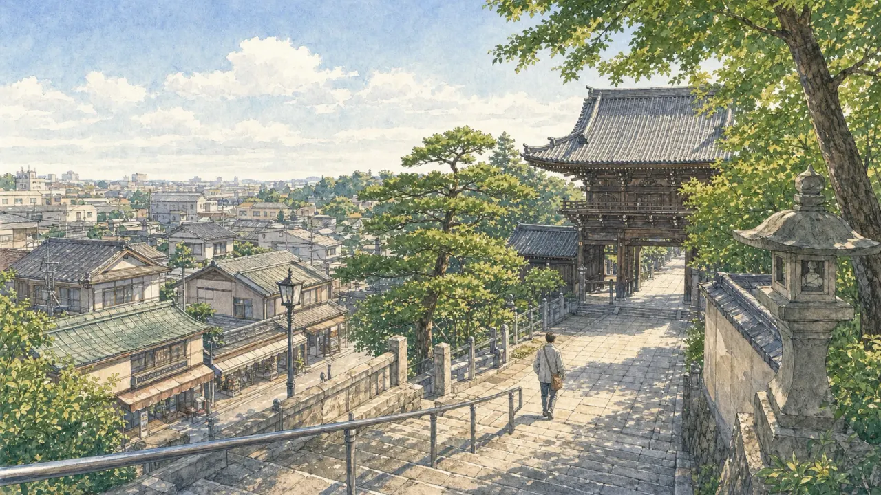 池上本門寺の石段と門前町を歩く大田区散歩のイラスト