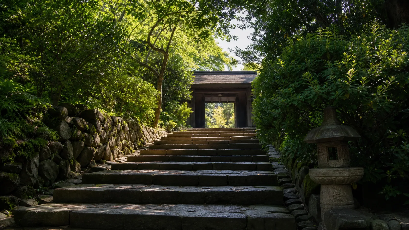木々に囲まれた石段と寺院参道のイメージ