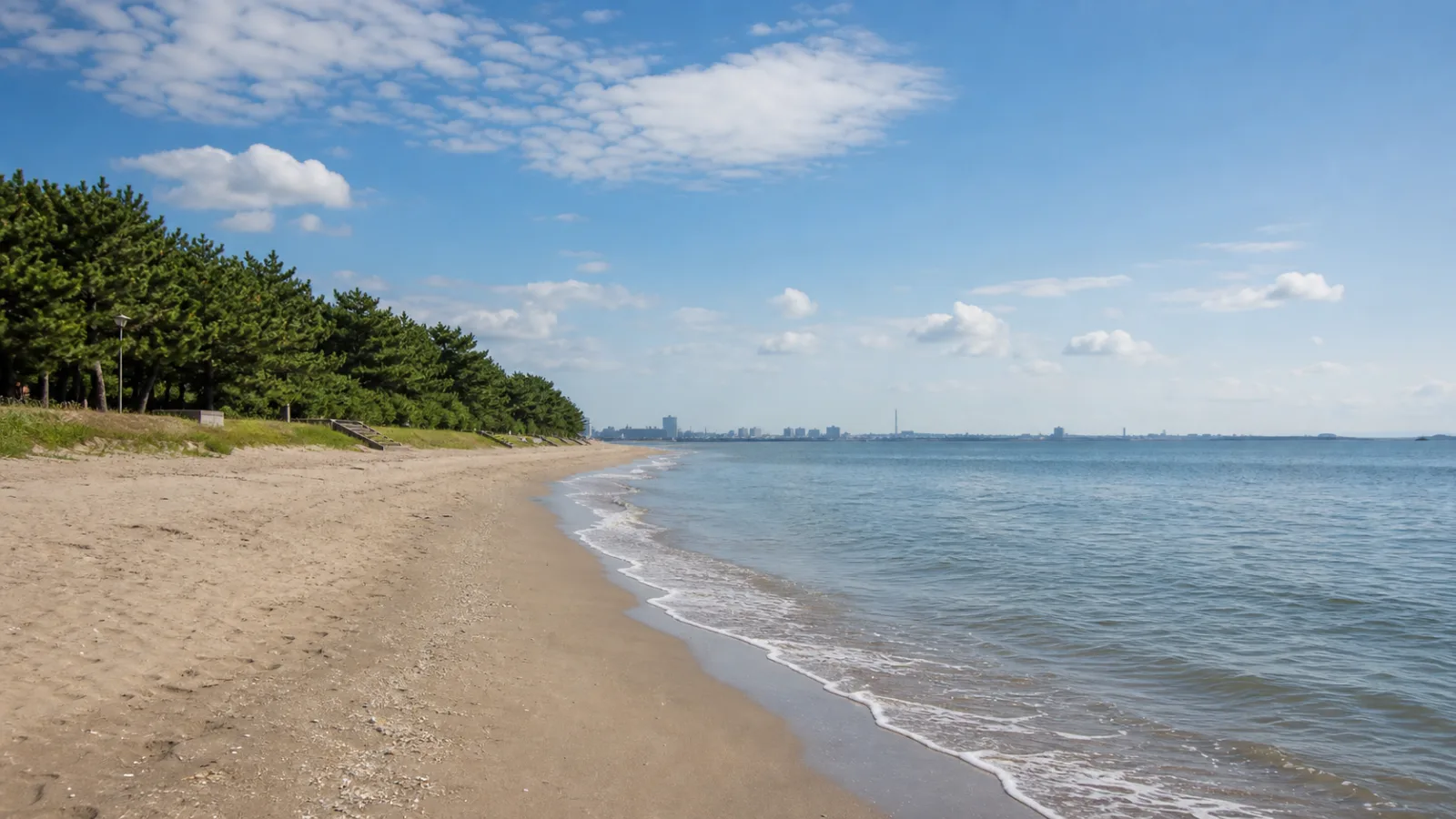 東京湾沿いの砂浜と広い空を歩く海辺散歩の補助画像