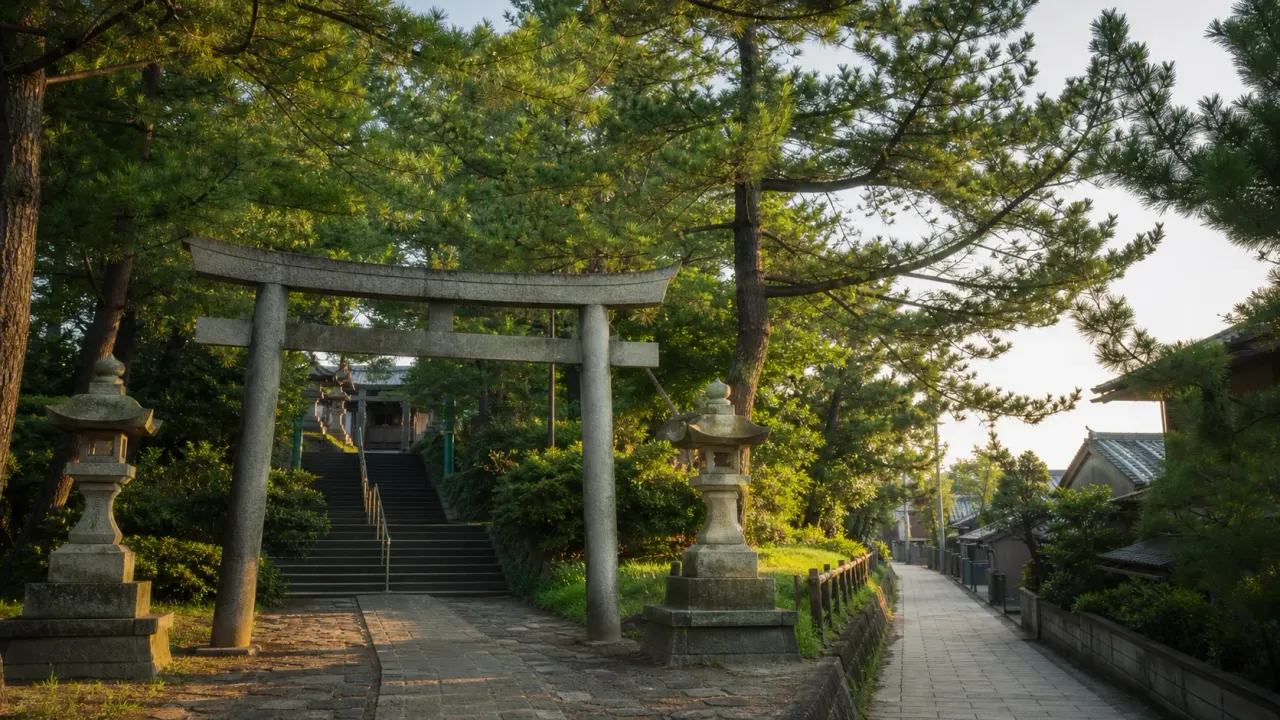 稲毛浅間神社の鳥居と松の緑、静かな公園の小径を描いた散歩イメージ