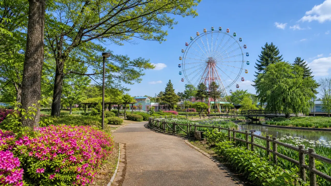 群馬県伊勢崎市の華蔵寺公園とAuto Mirai 華蔵寺遊園地を、観覧車、桜やツツジ、公園の水辺を短時間で歩く散歩先として紹介します。