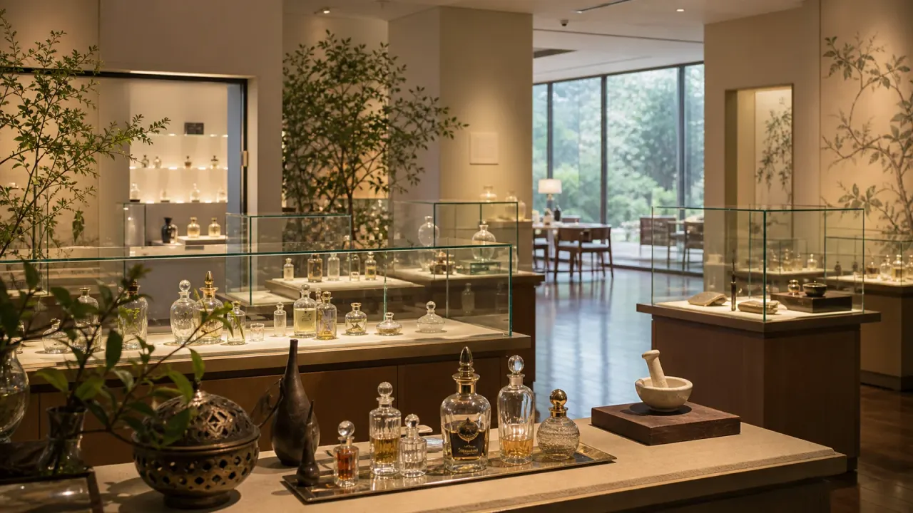 香水瓶と香りの資料が並ぶ明るい展示室をイメージした、磐田市香りの博物館のカバー画像