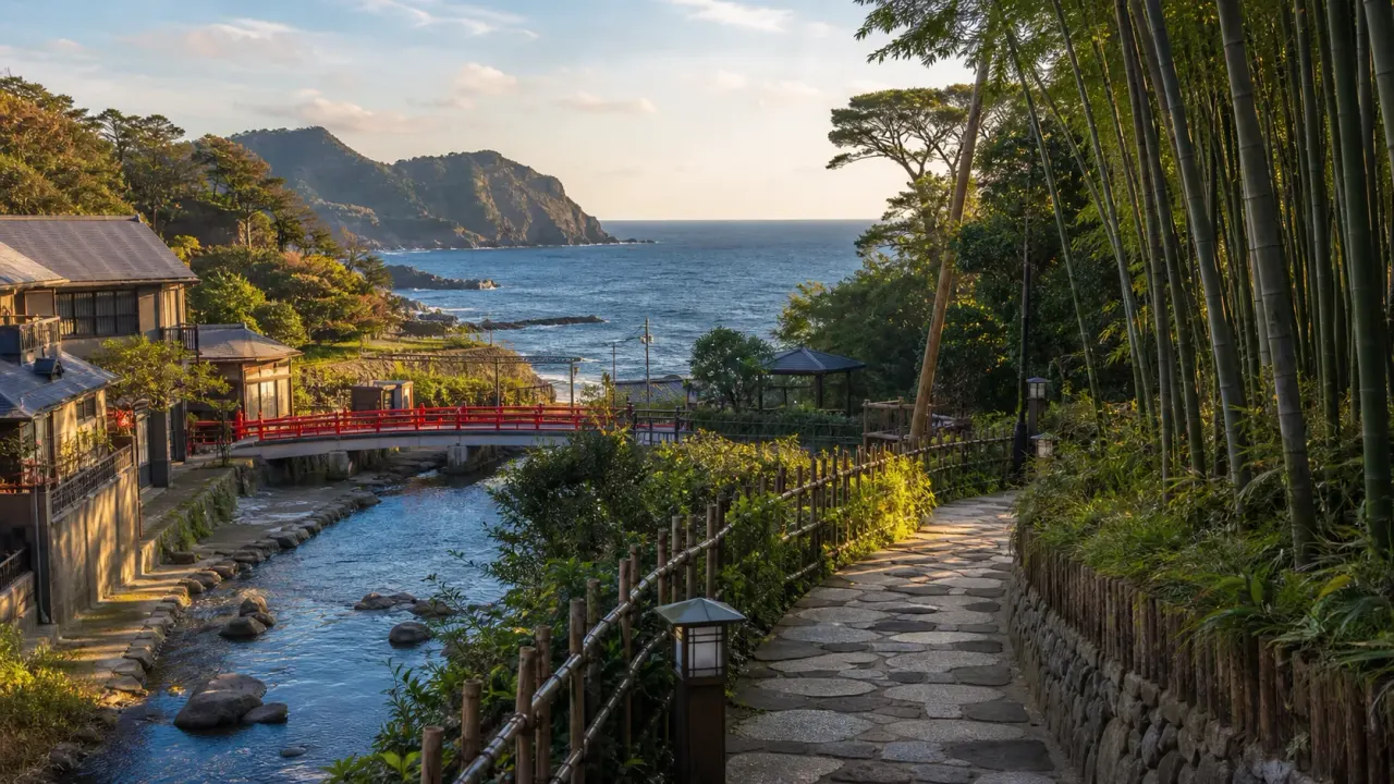 伊豆の海岸、温泉街の川沿い、竹林、岬の夕景を重ねた散歩まとめのカバー画像