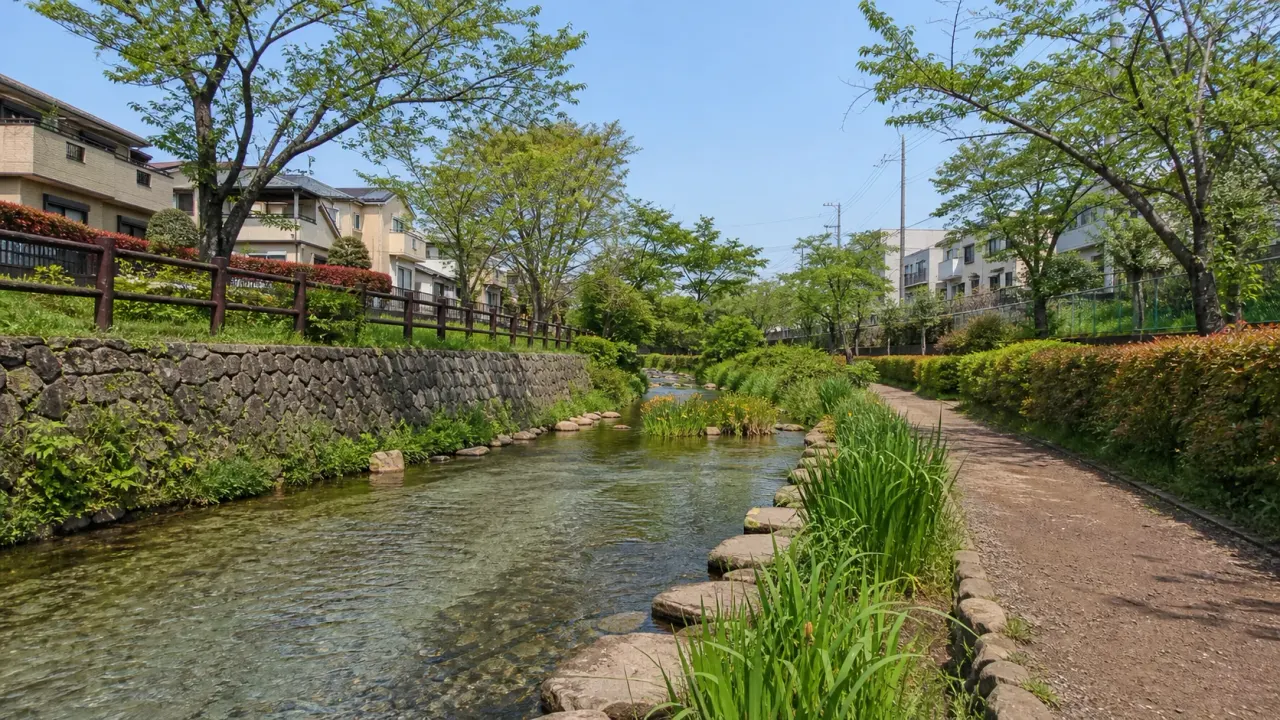 住宅街のそばを流れる浅い川と緑の遊歩道