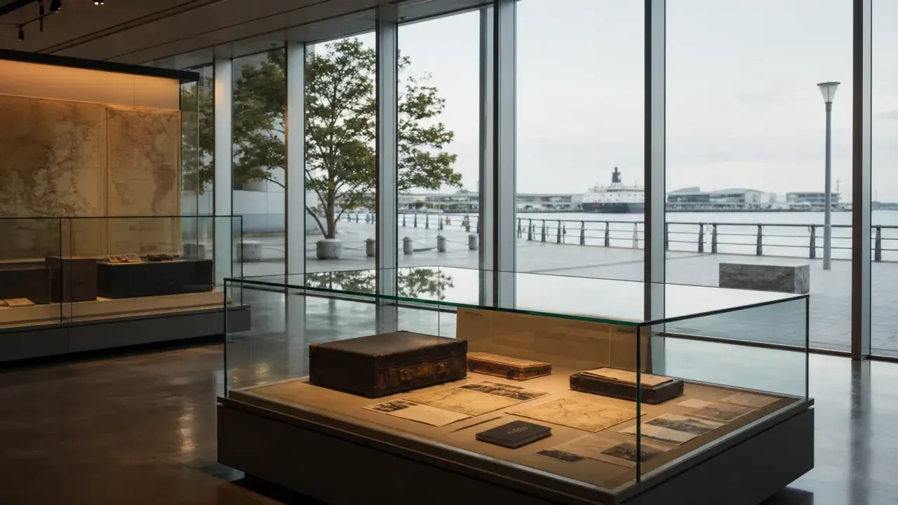 港に近い静かな資料館で移住の歴史展示を眺める雰囲気をイメージした、JICA横浜 海外移住資料館のカバー画像