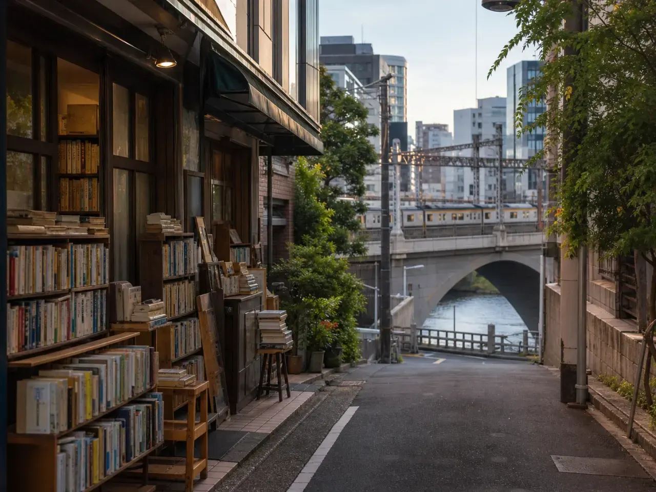 神保町の古書店街から御茶ノ水の橋へ向かう東京散歩のイメージ