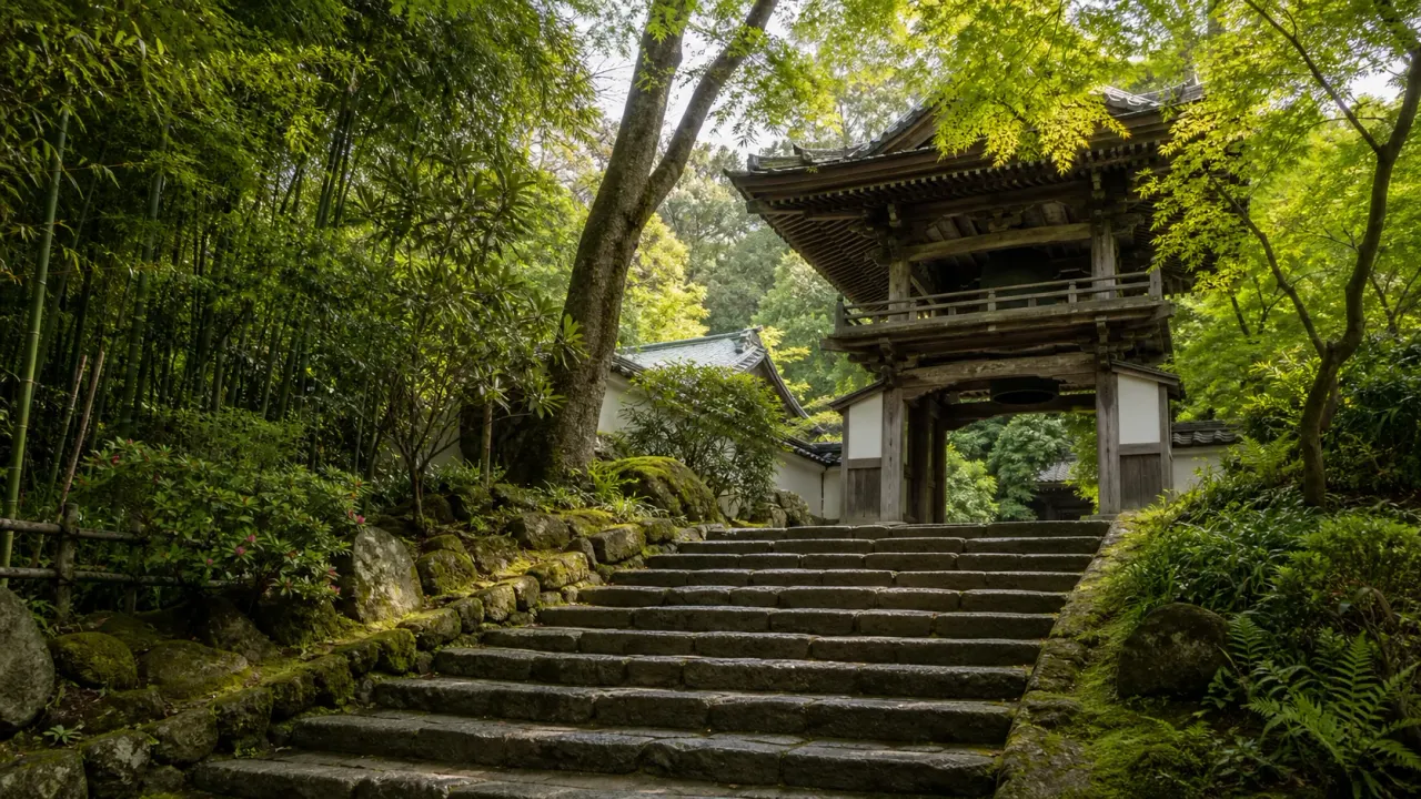 北鎌倉の谷戸に続く石段と緑に包まれた鐘楼門をイメージした、浄智寺のカバー画像