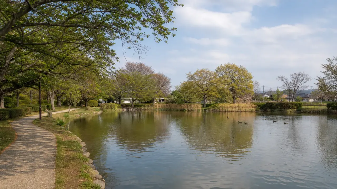 千葉県鎌ケ谷市の貝柄山公園で、池のまわり、水鳥、噴水広場、季節の木々をゆっくり歩く散歩ガイド。初富駅・北初富駅から短時間で使いやすい身近な水辺です。