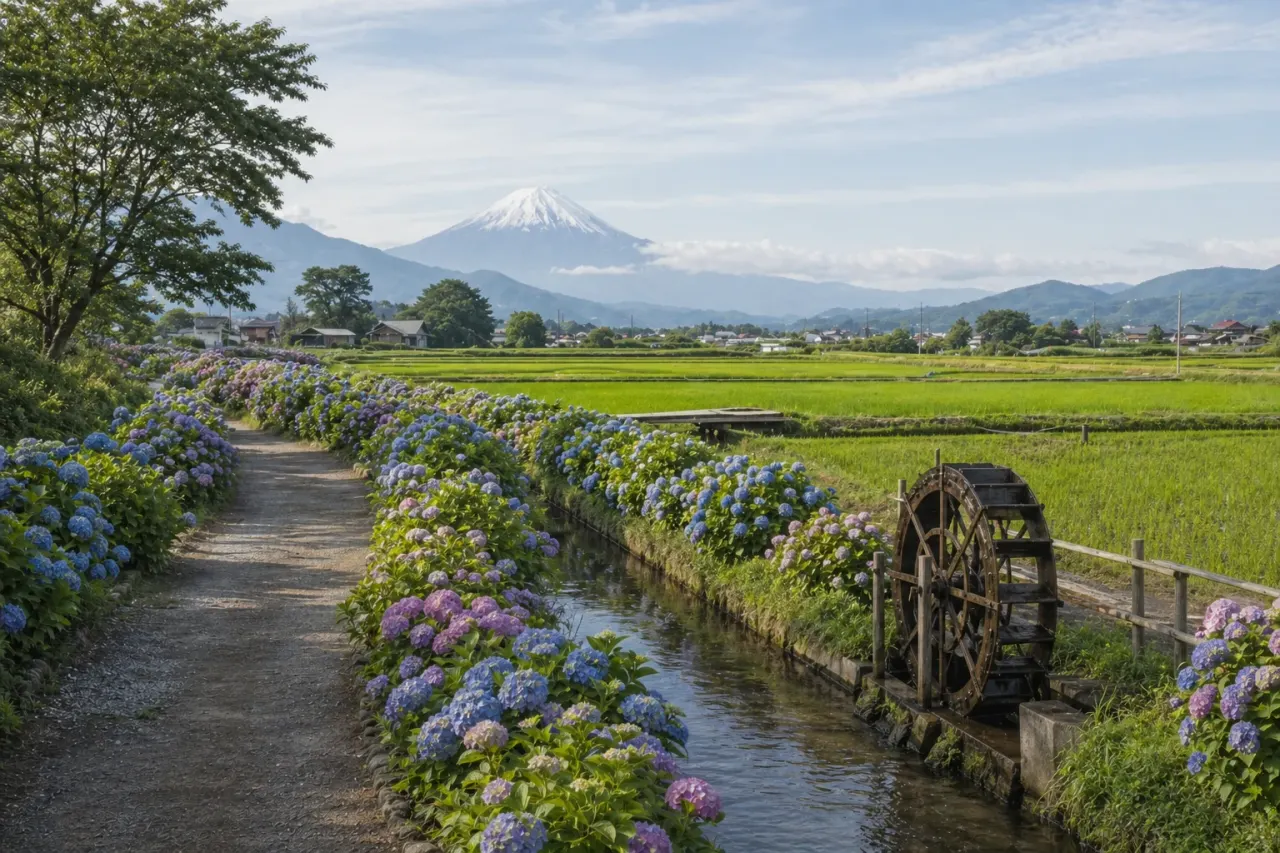 開成町あじさいの里で、水田、水路、紫陽花の道をゆっくり歩く散歩を紹介。開成駅方面から初夏の田園風景を1時間半で味わう歩き方をまとめます。