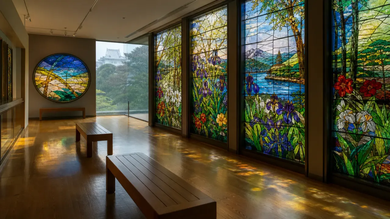 木の床に色ガラスの光が落ちる静かな展示室を描いた掛川市ステンドグラス美術館のカバー画像