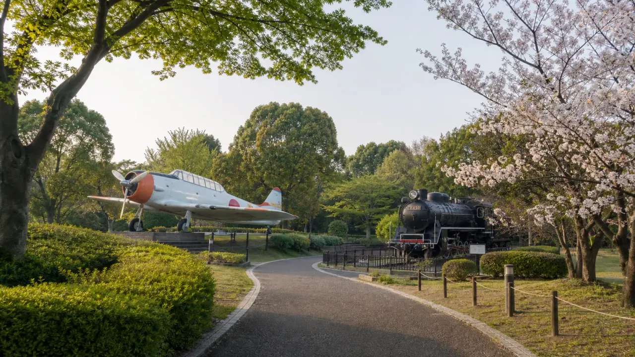 鎌ケ谷市制記念公園で展示された飛行機と蒸気機関車、緑の公園を歩くイメージ