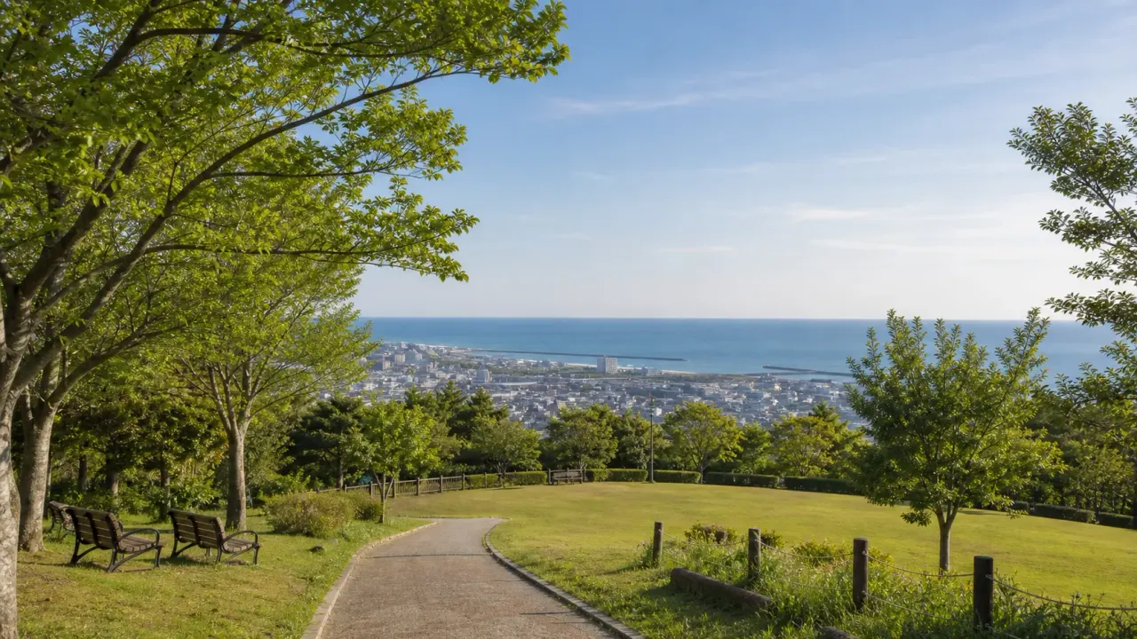 日立の丘の公園から太平洋と市街地を見下ろす散歩イメージ