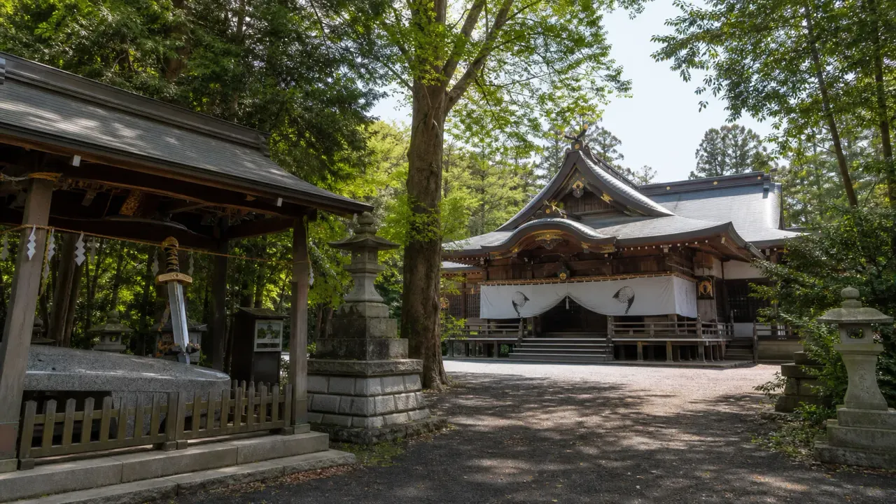 上三川の白鷺神社を思わせる、木立に囲まれた静かな社殿と大きな剣の奉納物
