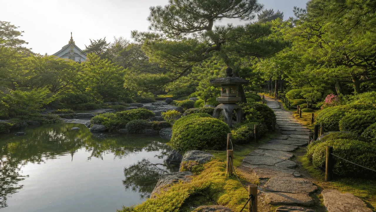 池と石灯籠、松の枝が重なる神奈川の庭園散歩をイメージしたカバー画像
