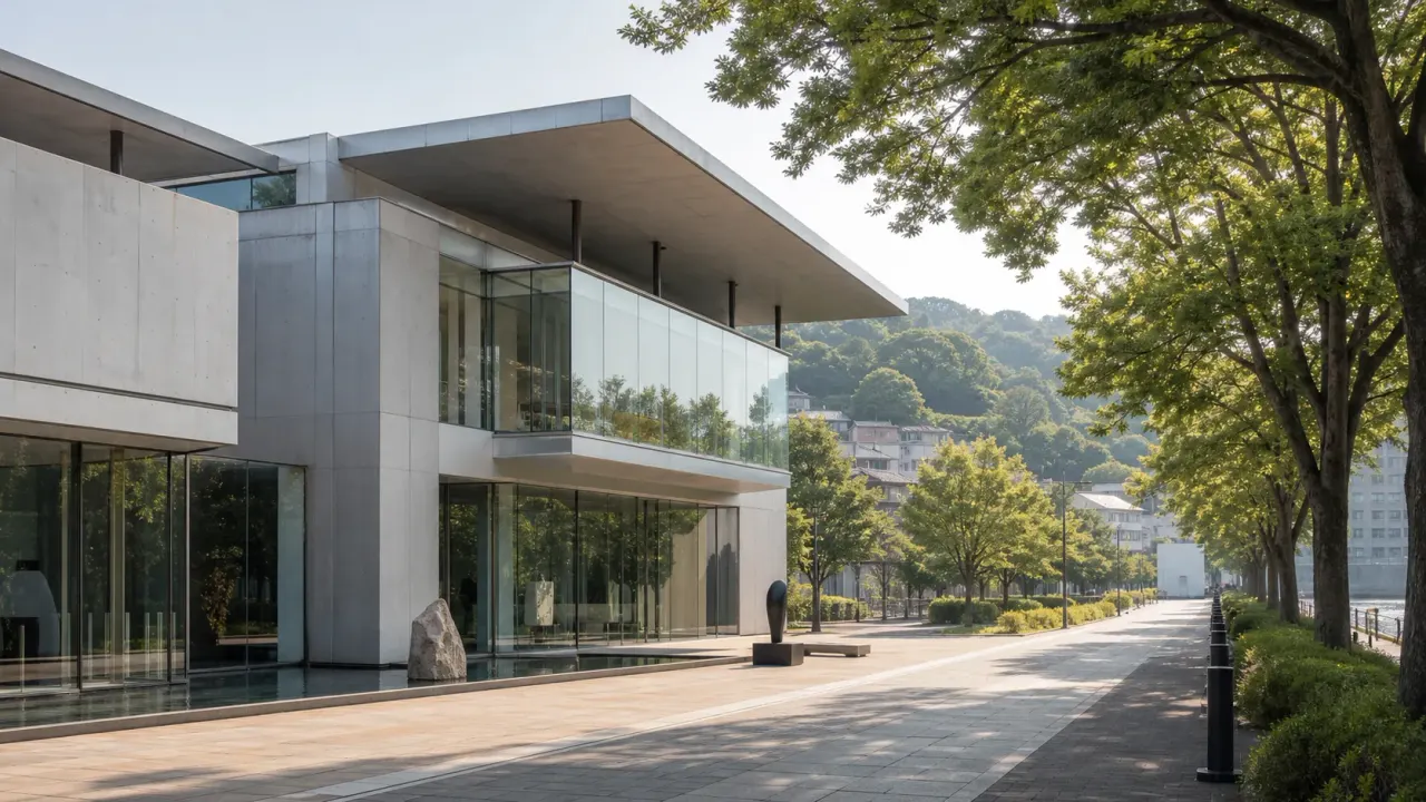 神奈川の美術館・博物館散歩を思わせる展示施設の外観と緑の遊歩道のイメージ