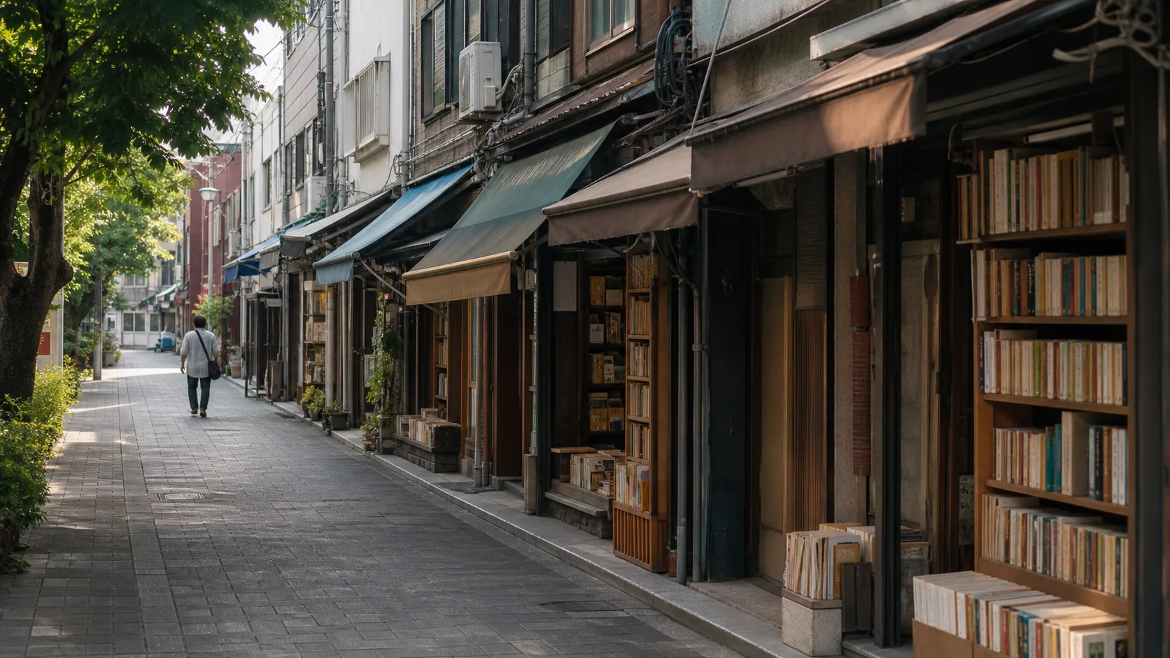 古書店が並ぶ静かな本の街のイメージ