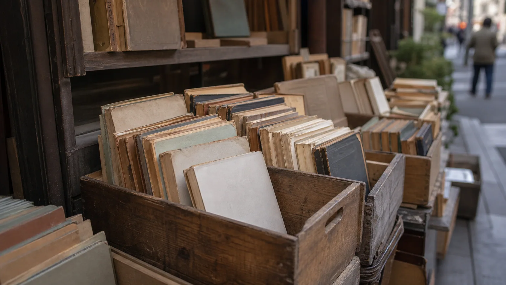 店先に並ぶ古書と木箱の近景のイメージ