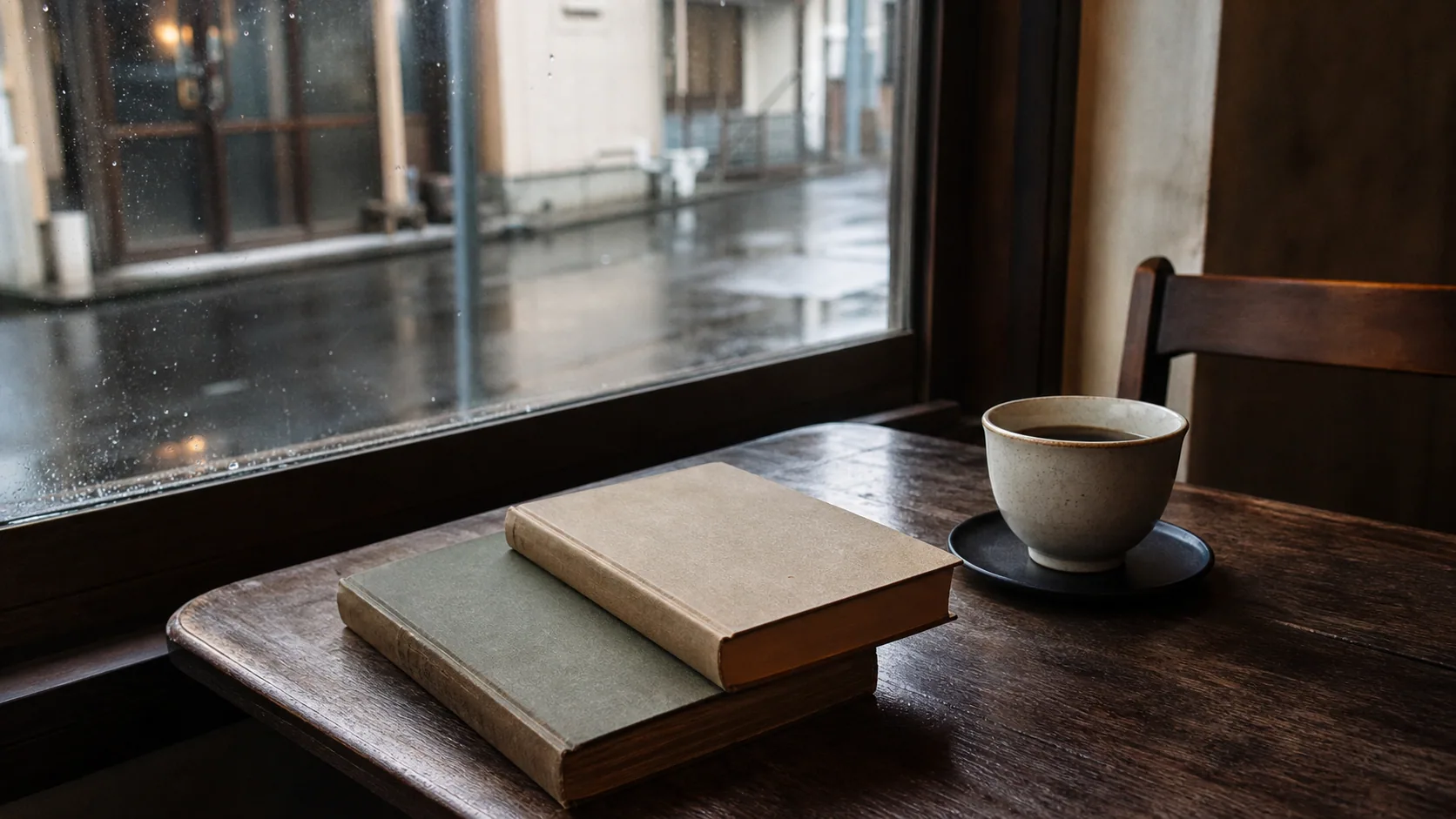 雨の日に本を置いて休むカフェ席のイメージ