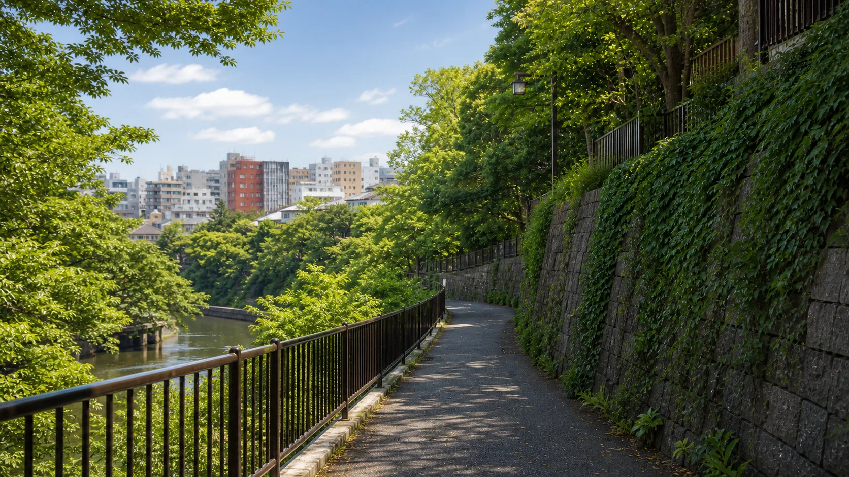 御茶ノ水から神田方面へ向かう緑の坂道のイメージ