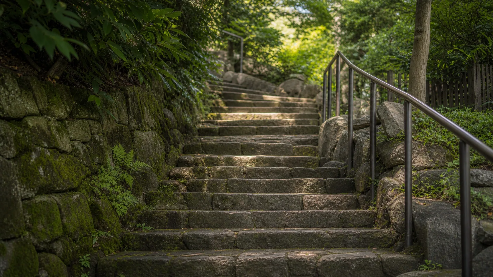 緑に囲まれた石段を上る参道のイメージ