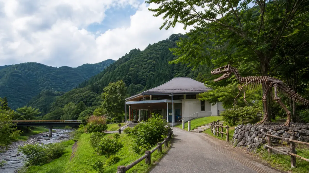 神流町恐竜センターをイメージした山あいの博物館と恐竜骨格、緑の谷のカバー画像