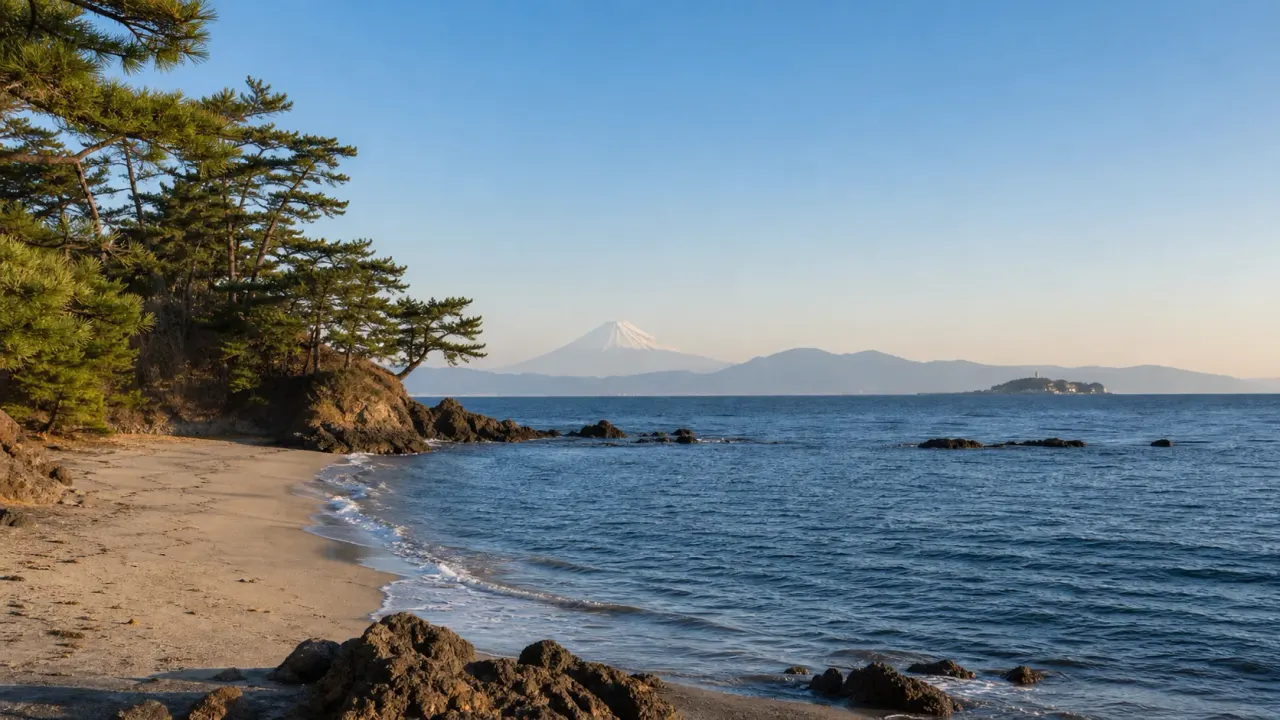 関東の海辺をイメージした、松林と砂浜、岩場、遠くの富士山を望む海岸風景