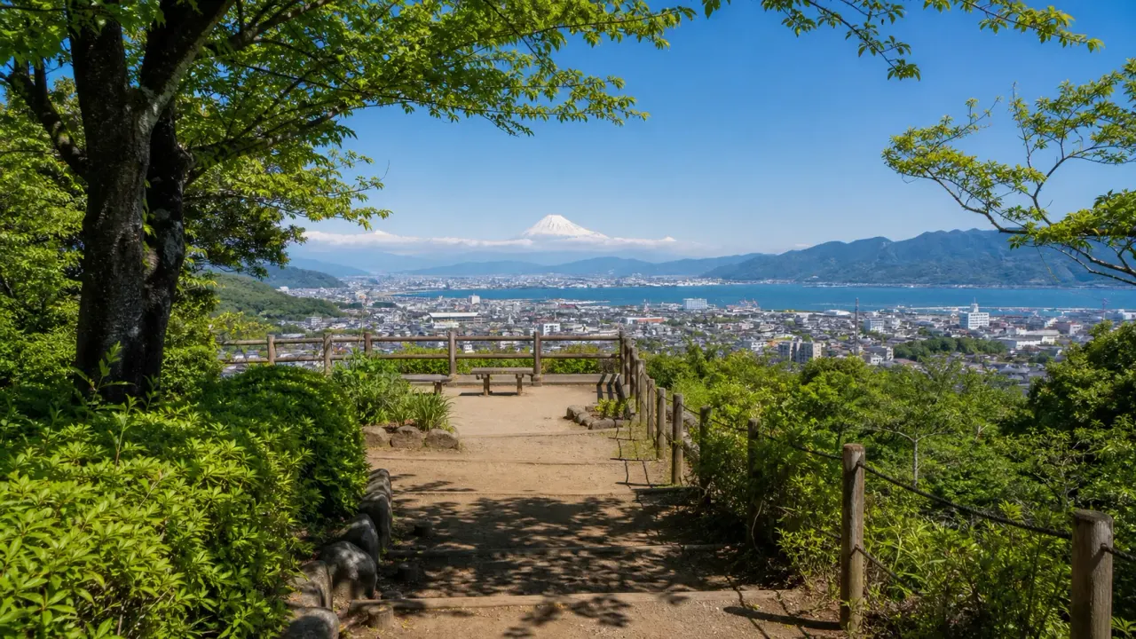 緑の山道の先に沼津市街、駿河湾、遠くの富士山を見渡す香貫山展望さんぽのカバー画像