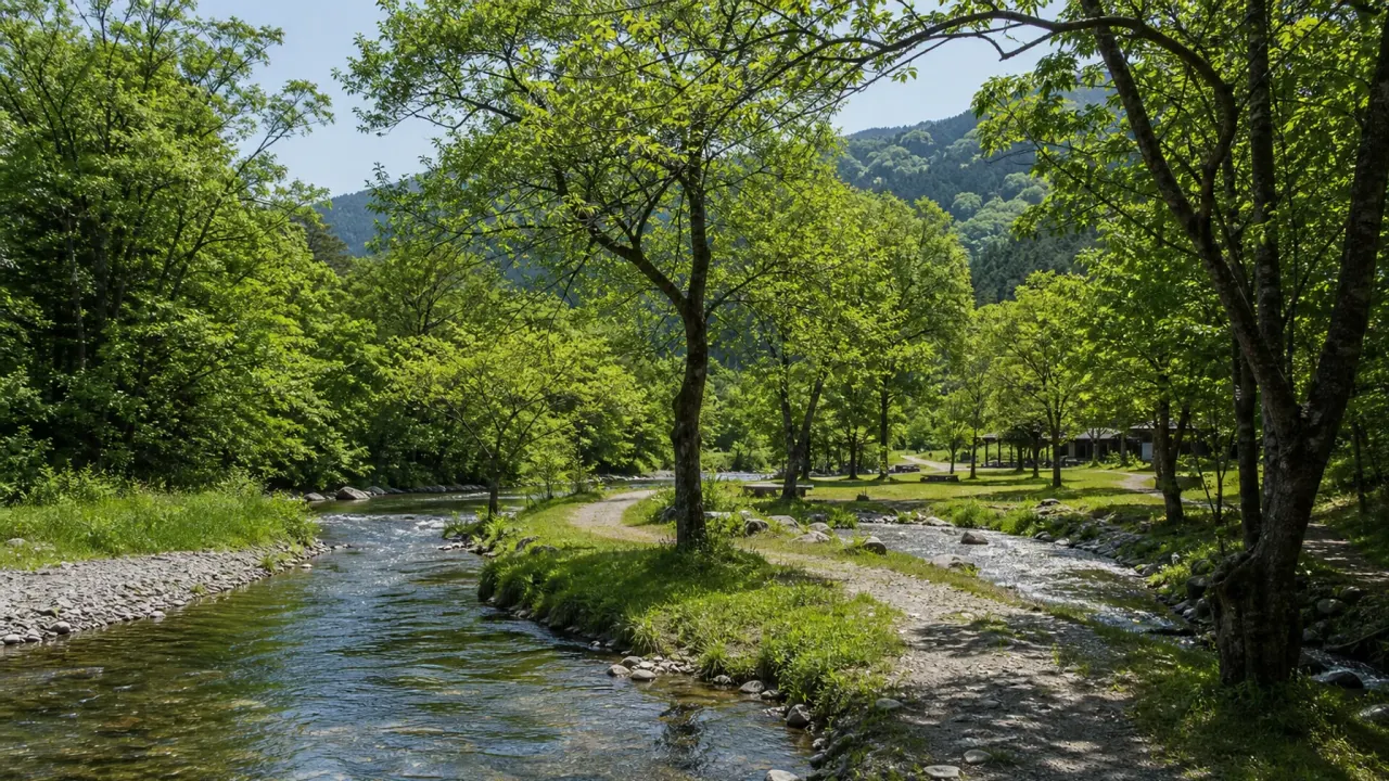 清流沿いの芝生と木立、キャンプ場周辺の静かな水辺散歩をイメージしたカバー画像