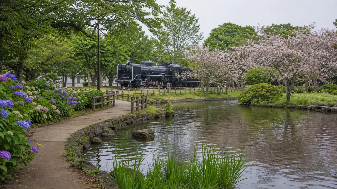 相模原市中央区の鹿沼公園で、白鳥池、児童交通公園、D52形蒸気機関車、あずまやをめぐる駅近散歩を紹介。淵野辺駅から短く入れる1〜1.5時間の歩き方です。