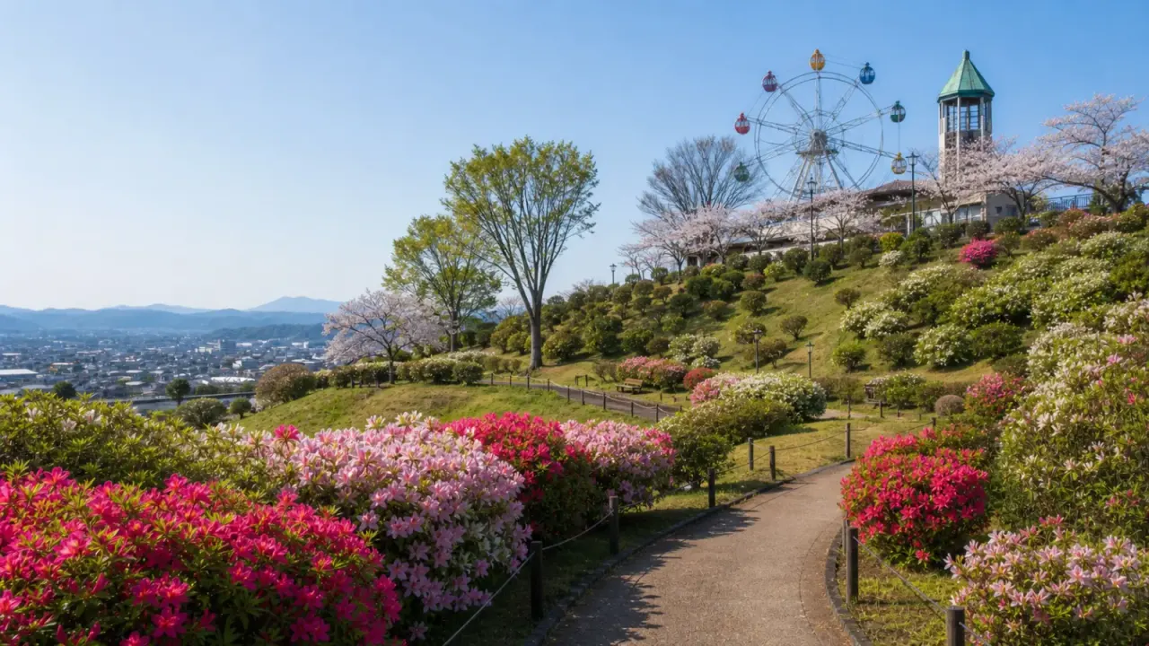 千手山公園の丘に観覧車と春の花が並び、鹿沼の街を見下ろす風景