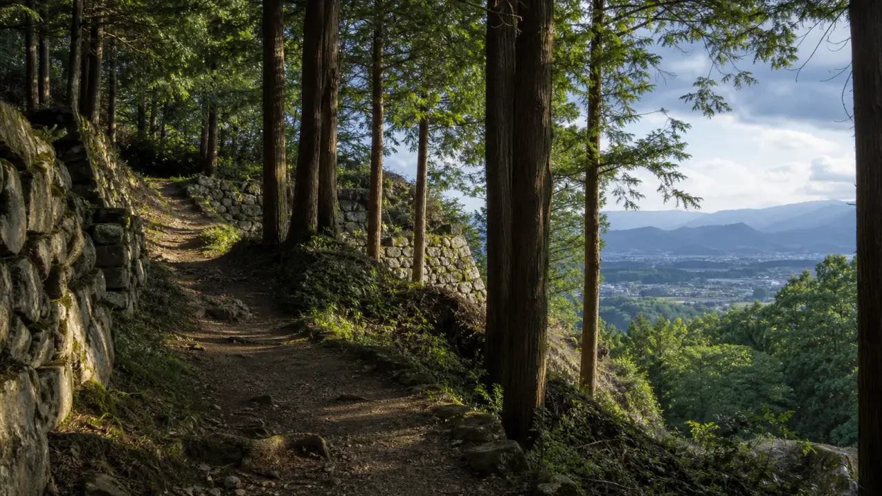 杉林の山道に石垣と土の道が残り、遠くに町並みを望む烏山城跡散歩のカバー画像