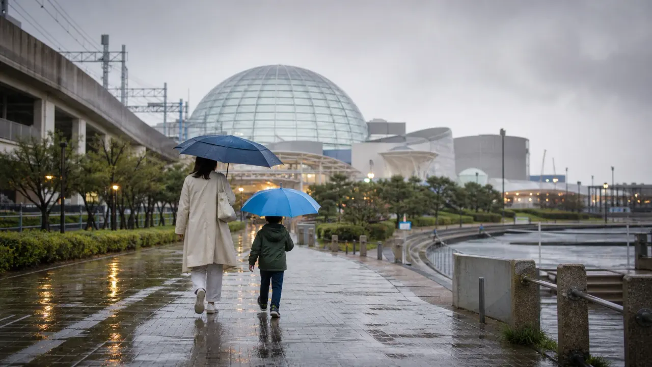 雨の葛西で、水族園と駅高架下の博物館を行き先に選ぶ親子の気配をイメージした編集写真風カバー画像