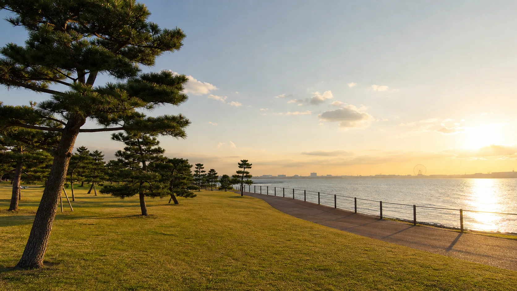 海沿いの芝生と遊歩道に夕方の光が差す公園のイメージ