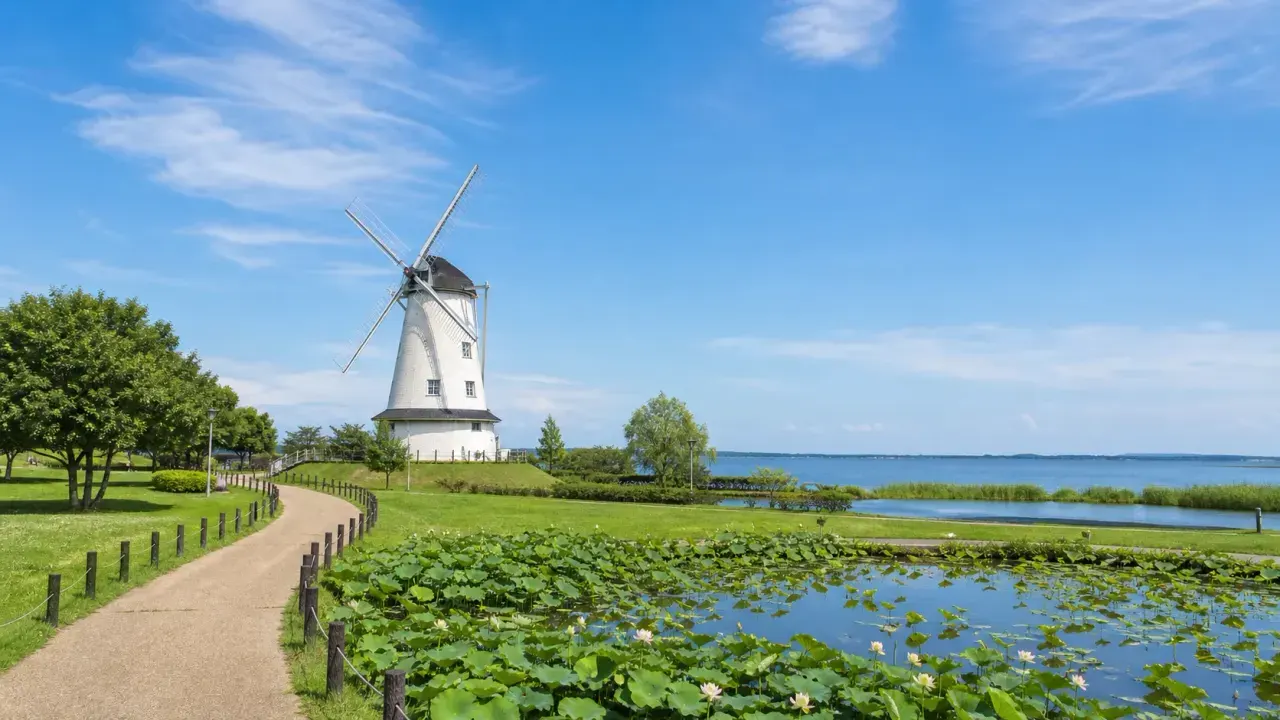 土浦市の霞ヶ浦総合公園で、白いオランダ型風車と霞ヶ浦の湖面、水生植物園が広がる散歩イメージ