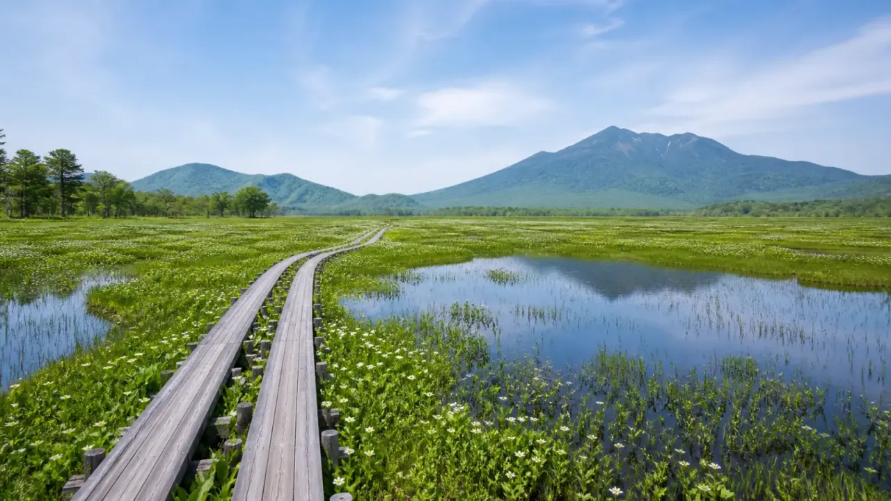 尾瀬ヶ原の湿原木道と山並み、初夏の水辺をイメージしたカバー画像