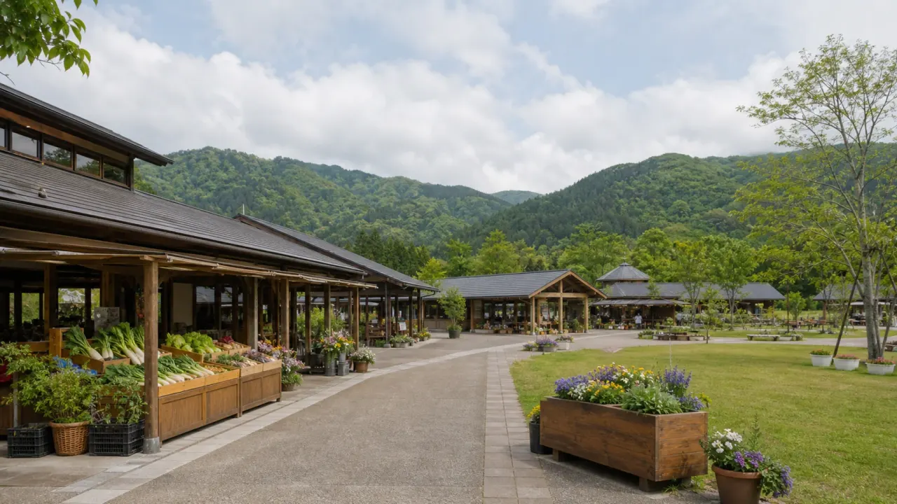 山あいの田園広場と低い建物、買い物散歩の雰囲気をイメージしたカバー画像