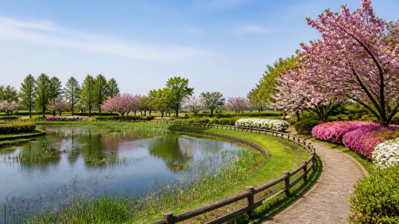 池のまわりに遊歩道と八重桜、サツキが続く水と緑のふれあい公園の散歩イメージ
