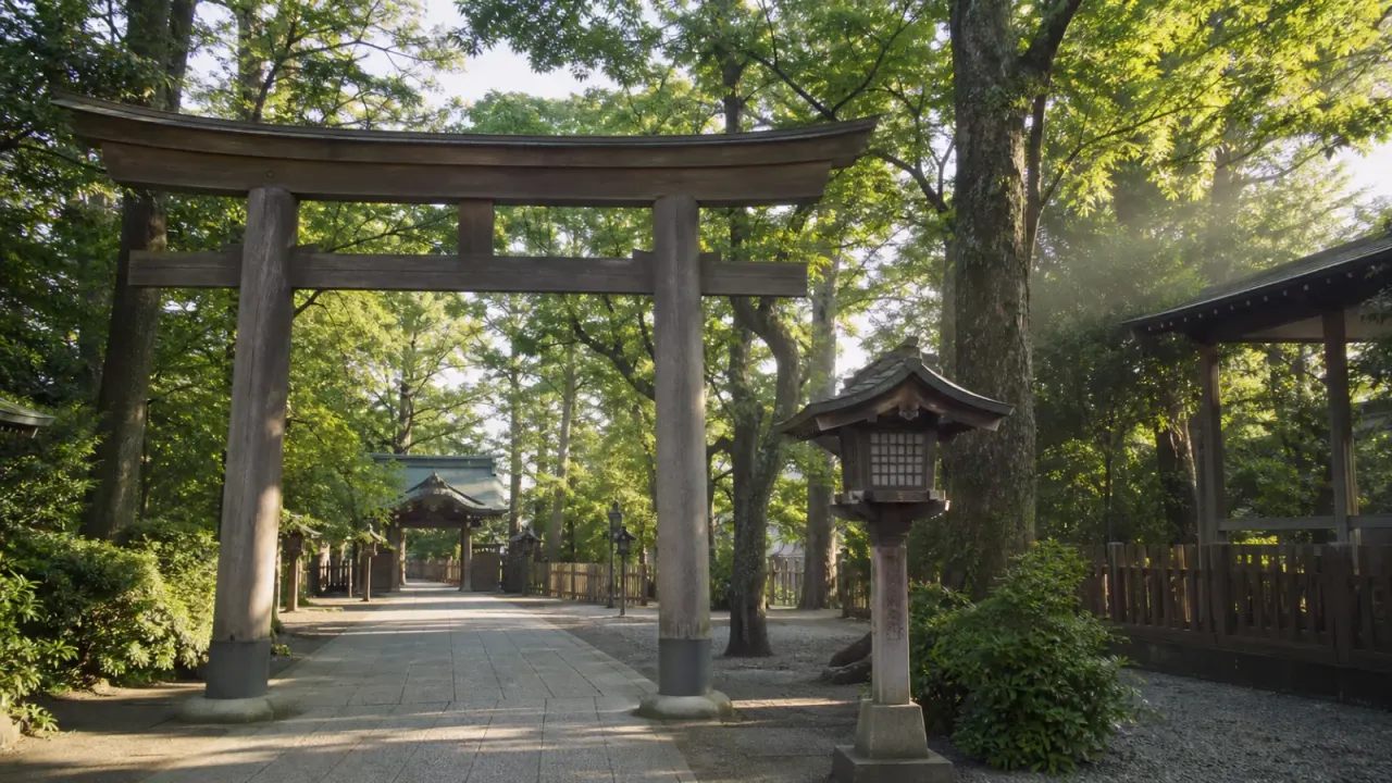 川越氷川神社の鳥居と木々に囲まれた参道