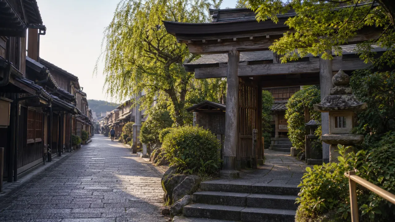 小江戸の街なかにある神社の参道と木漏れ日を思わせるイメージ