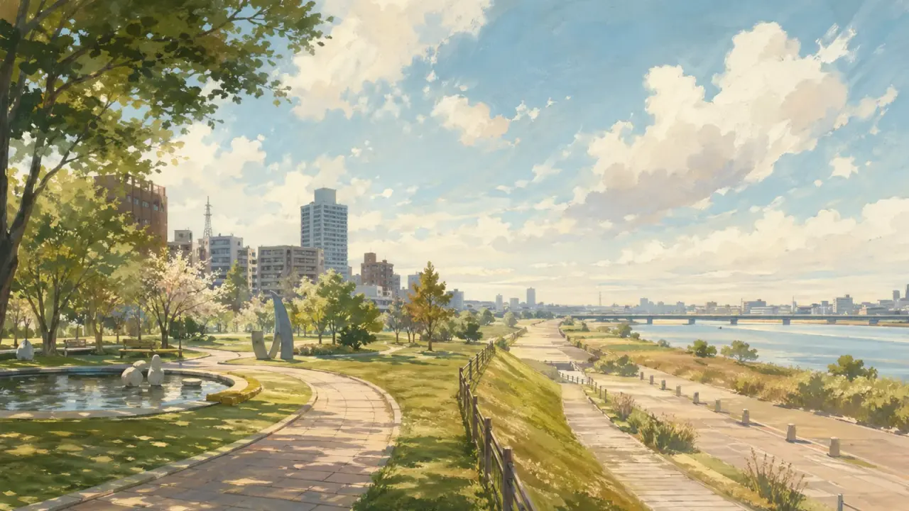 川口駅西口の川口西公園（リリアパーク）から荒川運動公園方面へ歩く、駅近の水辺散歩ガイド。親水施設、芝生、荒川土手の開放感、歩き方の目安をまとめます。
