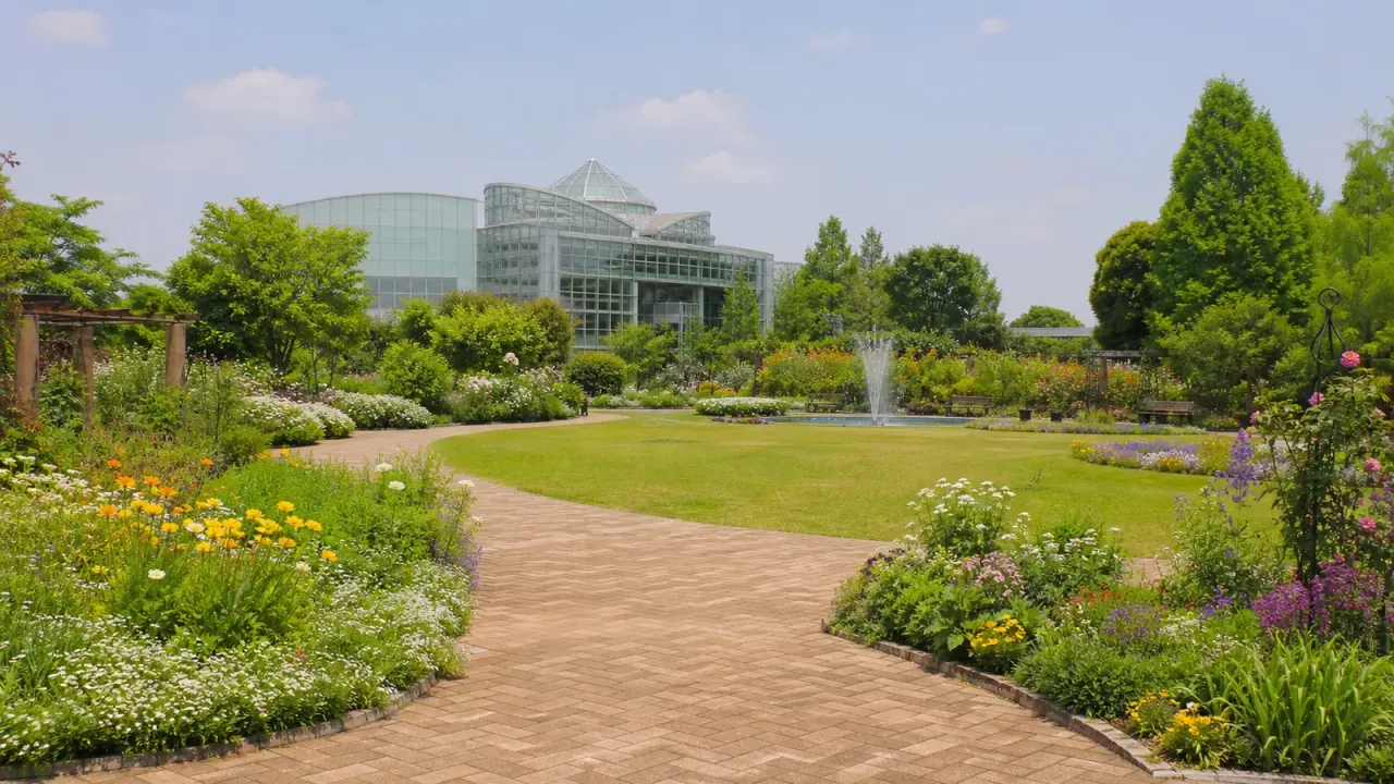 川口市立グリーンセンターを思わせる花壇と温室の庭園風景